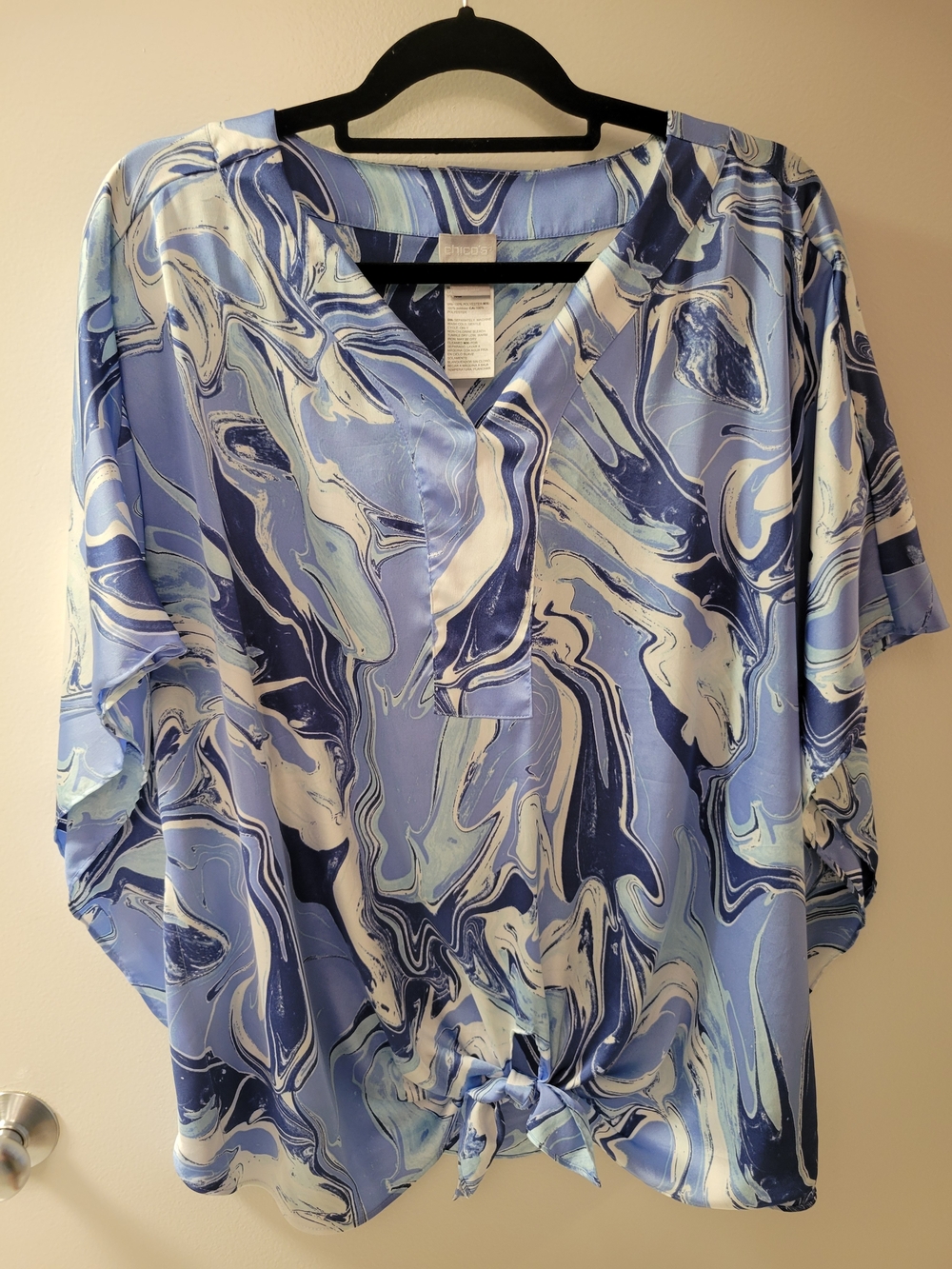 Women’s Blue Marble Print Tie-Front Blouse - Chicos Size 3